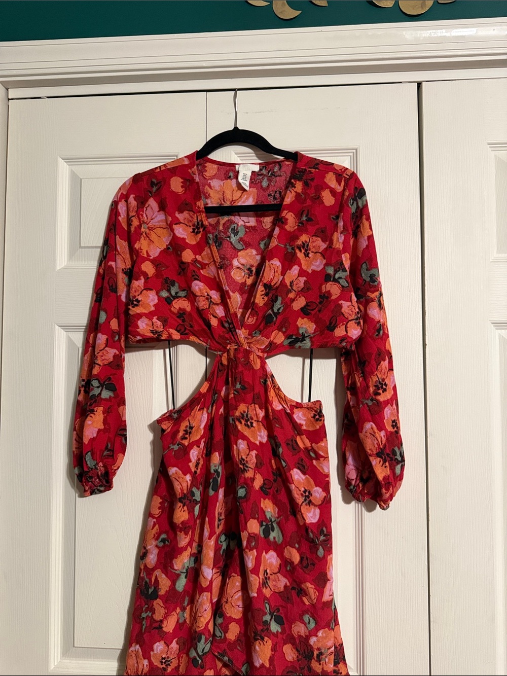 H&M Red Floral Cutout Maxi Dress with Long Sleeves